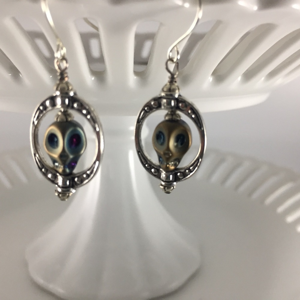 Handmade Earrings Unique Design Sapphire Blue Skull Carved Oval Frame Beaded